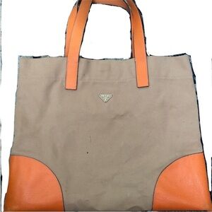 Prada Canapa Canvas Tote • Beige & Orange Leather Trim • Authentic
